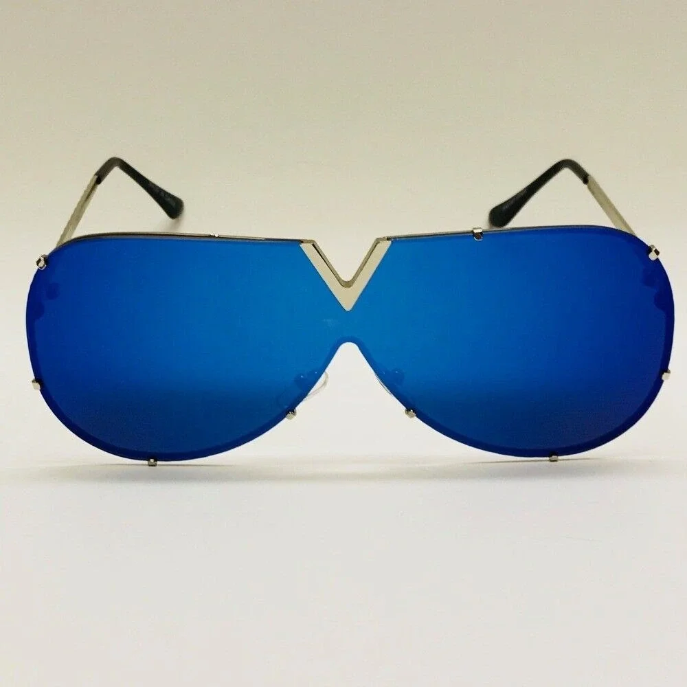 Rimless Shield Sunglasses Blue Mirrored Lens V Cutout Accents Fashion Trendy New